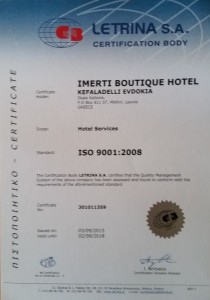 Certificate ISO 9001 for Imerti Boutique Hotel at Skala Kalloni Mytilene Lesvos - Lesbos